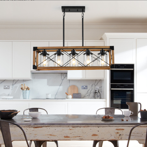 32-Inch Five-Light Farmhouse Pendant Chandelier / Walnut and black